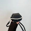 Mini black shell-shaped handbag with elegant pearl trim and long leather shoulder strap - Black