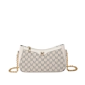 Sac croissant beige à motif M gris avec bandoulière en chaîne dorée élégante - Blanc