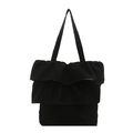 Black canvas tote bag featuring stylish large double ruffles for daily casual and school use - Black