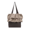Canvas ruffle tote bag in khaki and dark brown contrast with shoulder strap - Light Gray