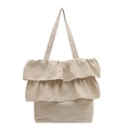 Chic beige canvas tote bag with ruffle layers and large capacity for daily use - White