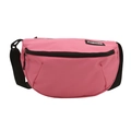 Pink nylon crossbody waist bag with Fashion label and adjustable black strap on white background - Rose Pink