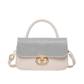 Minimalist beige crossbody handbag with sequin flap and gold twist lock closure - Silver