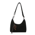 Retro black suede crescent tote bag featuring striped lanyard and dark brown charms - With Ornament / Black