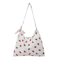Borsa tote in tela bianca con stampe di fragole e fiocco sulla tracolla - Stampa Fragola Bianco