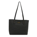 Sac fourre-tout noir chic avec motif M et plaque dorée mode sur un fond blanc neutre - Noir