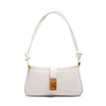 White faux leather baguette bag with gold metal clasp and decorative knot strap details - White