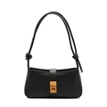 Minimalist black faux leather underarm bag with vintage gold buckle and knotted shoulder strap - Black