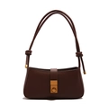 Dark brown leather baguette shoulder bag with golden metal buckle and knotted strap - Coffee