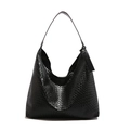 Minimalist black woven tote bag with wide strap and fashion tag on white background - Black