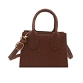 Dark brown woven texture mini square handbag with top handle and gold hardware strap - Tan
