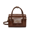 Deep brown glossy leather crossbody bag with top handles and a minimalist square design - Brown