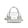 Mini borsa a mano argento metallizzato con logo dorato e tracolla in stile futuristico - Argento