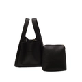 Ensemble sac seau minimaliste en cuir litchi noir et pochette avec détails dorés - Noir