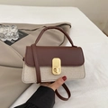 Bolso bandolera vintage de cuero marrón y lona beige con cierre de metal dorado - Marrón
