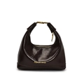Vintage retro donkerbruine handtas van oliewasleer met gouden gesp en schouderband - Bruin
