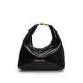 Borsa hobo nera lucida con dettagli dorati e logo per donne alla moda - Nero