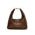 Borsa hobo in pelle cerata marrone lucida con manico in metallo dorato e logo - Marrone