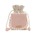 Mini borsa a secchiello rosa effetto serpente con manico di perle e catena d'oro - Rosa