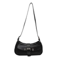 Chic black polished leather underarm bag with large silver metal buckle and eyelets - Black