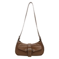 Vintage brown shoulder bag with shiny PU leather and silver metal buckle strap details - Khaki