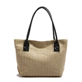 Vintage Stroh-Eimertasche mit schwarzen Ledergriffen für den Sommer-Strandurlaub - Schwarz