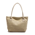 Stroh-Stofftasche mit Fischgrätmuster und beigen Kunstledergriffen für den Sommer - Khaki