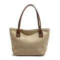 Modische beige Strohtasche mit braunen Ledergriffen und geräumigem Design für Damen - Braun