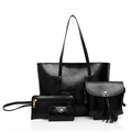 Modisches 4-teiliges Taschen-Set aus schwarzem Ölwachs-Leder mit Shopper und Clutch - 4-Teiliges Set (Tote/Umhängetasche/Clutch/Kartenhalter) / Schwarz