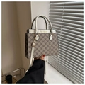 Borsa a mano marrone vintage con motivo floreale, finiture bianche e fibbia d'oro - Monogramma Vintage Bianco