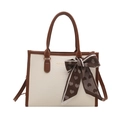 Borsa tote chic in finta pelle di serpente crema con profili marroni e foulard a cuore - Marrone