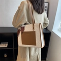 Off-white checkered tote bag with brown leather pocket and decorative silk scarf - White