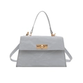 Light blue faux leather trapezoid handbag with gold rotary lock and crossbody strap - Blue