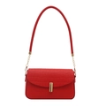 Red faux leather shoulder bag with crocodile pattern and golden metal buckle finish - Red
