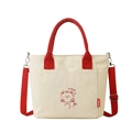 Borsa a secchiello da donna in tela beige e rossa con stampa orso e tracolla regolabile - Rosso