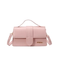 Pink minimalist faux leather square handbag with golden logo and adjustable shoulder strap - Pink
