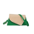 Borsa a tracolla in pelle verde con patta in paglia beige e cuciture bianche a contrasto - Verde