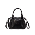 Bolso de mano Boston minimalista en cuero negro brillante con letras en relieve y correa - Negro