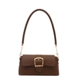 Minimalist soft dark brown leather underarm bag with vintage golden horseshoe buckle - Brown