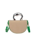 Sac à main beige tissé avec bordure en cuir vert et poignée en métal argenté unique - Vert