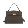 Bolso de mano taupe en cuero granulado con cierre de giro dorado y correa ajustable - Gris