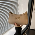 French style beige PU leather underarm bag with gold bow clasp and shoulder strap - Khaki