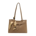 Mocha braune Damen-Tote-Bag aus Kunstleder mit dekorativem Seidentuch und Metallschnalle - Khaki