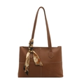 Borsa tote marrone con patchwork a coccodrillo e foulard in seta gialla decorativo - Cuoio
