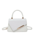 Elegant white crocodile embossed tote handbag with gold metal trim and crossbody strap - White