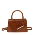 Brown crocodile pattern faux leather handbag with golden hardware and shoulder strap - Brown