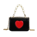 Mini black leather handbag with a large red heart, pearl handle, and gold chain strap - Black