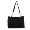 Black heart-patterned tote bag with wide leather straps and silver chain details - Black