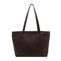 Dark brown embossed woven leather tote bag for women with minimalist shoulder straps - Dark Brown
