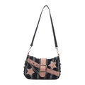 Y2K Jeans-Schultertasche mit rosa Stern-Patches und Metallkette in Dunkelblau - Vertikal Gestreift Blau